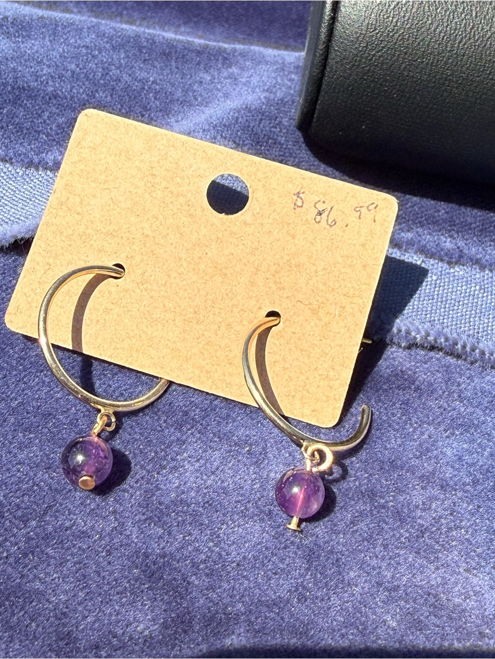 Hand Crafted Gold Hoop Earrings with Purple Bead Dangles